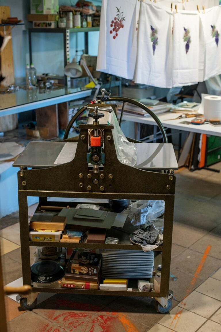 presse manuelle servant à imprimer sur papier ou tissu les motifs gravé par studio hermine