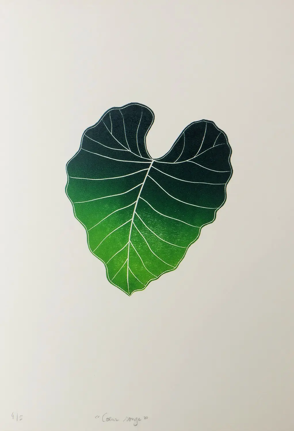 estampe coeur songe de hermine studio représentant une feuille de songe en dégradé de verts, selon la technique de la gravure à l'eau forte